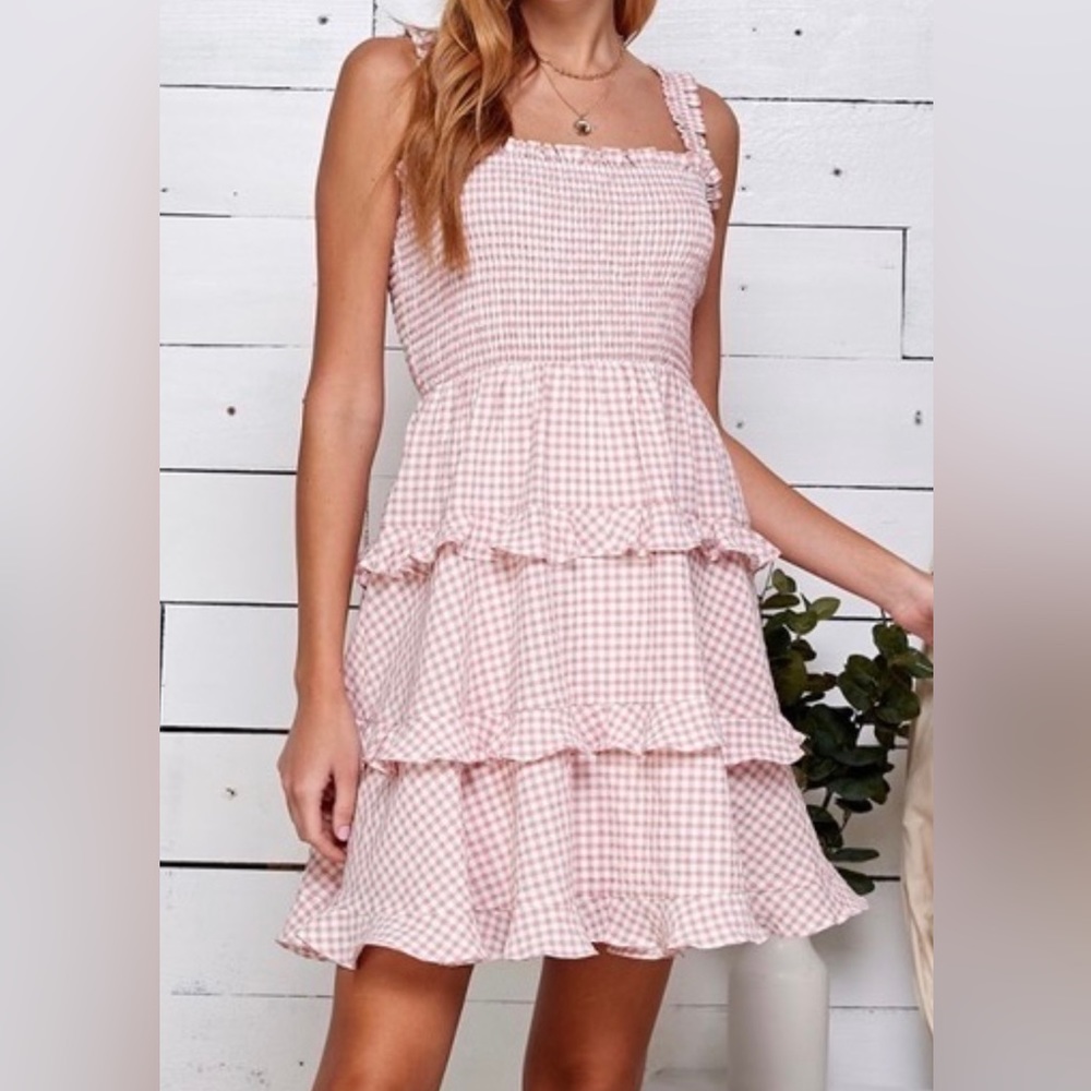 NWT Boutique Ruffle Pink & White Gingham Dress Size Large Stylish!